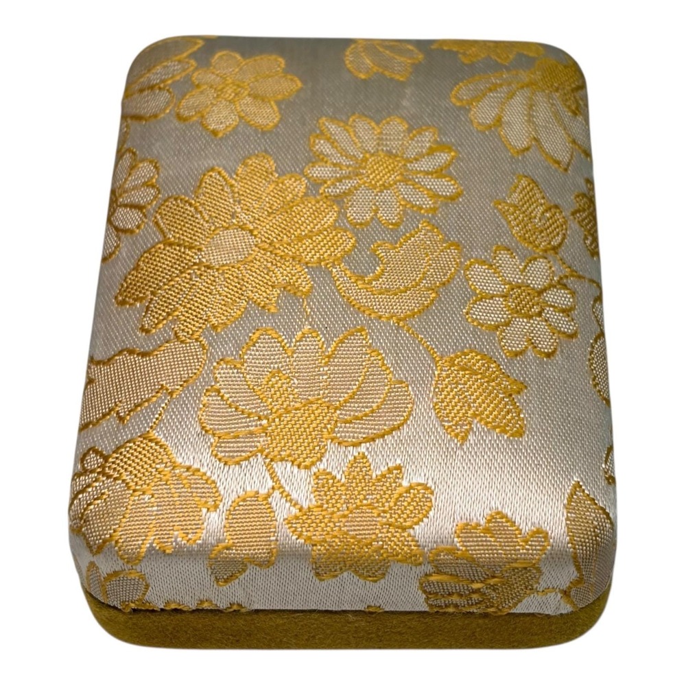 Vtg Mid Century Brocade Jewelry Box Gold Floral Fabric Yellow Velvet Case Retro